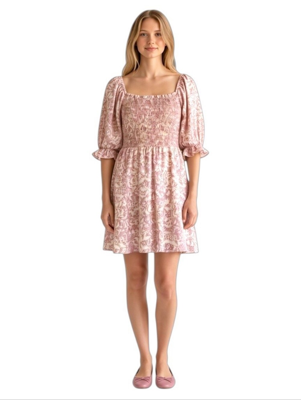 WAYF Smocked Soft Pink Floral Fit & Flare Mini Dress Puffed Elbow Sleeve MED NWT